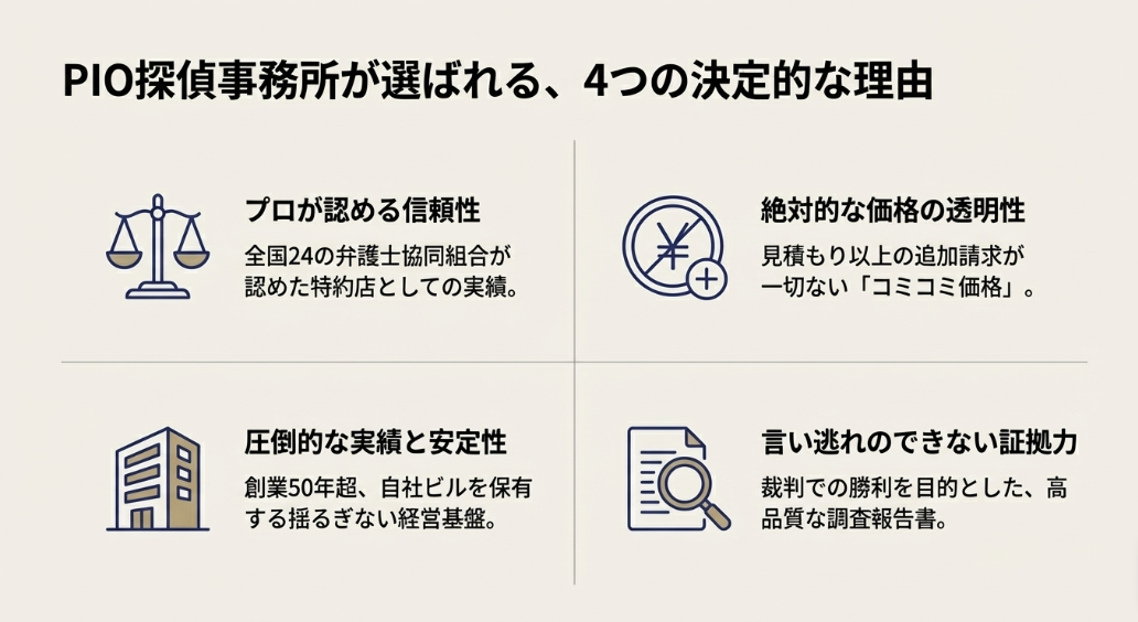 弁護士特約店としての信頼性、価格の透明性、創業50年の実績、裁判で勝てる証拠力の4点から見る選ばれる理由
