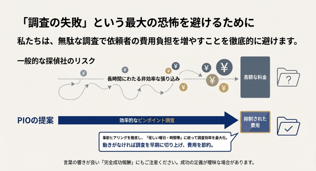 一般的な探偵社の高額請求リスクと、PIO探偵事務所の効率的なピンポイント調査による費用抑制の比較図