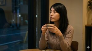 夜のカフェで一人座り、窓の外を静かに見つめる、ミステリアスな雰囲気のアジア人（日本人女性）女性